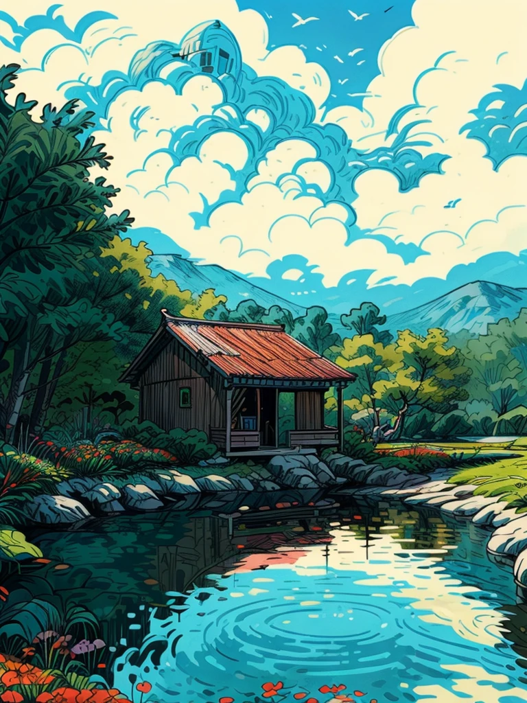 a hut surrounded by trees, line art, pretty sky, cart, shadow, shade, fall season, ghibli style, flowers, stone, lake, reflection, no humans, scenery, outdoors, sky, cloud, building, sign, house, window, plant, cloudy sky, bush, sunset, masterpiece, high resolution 