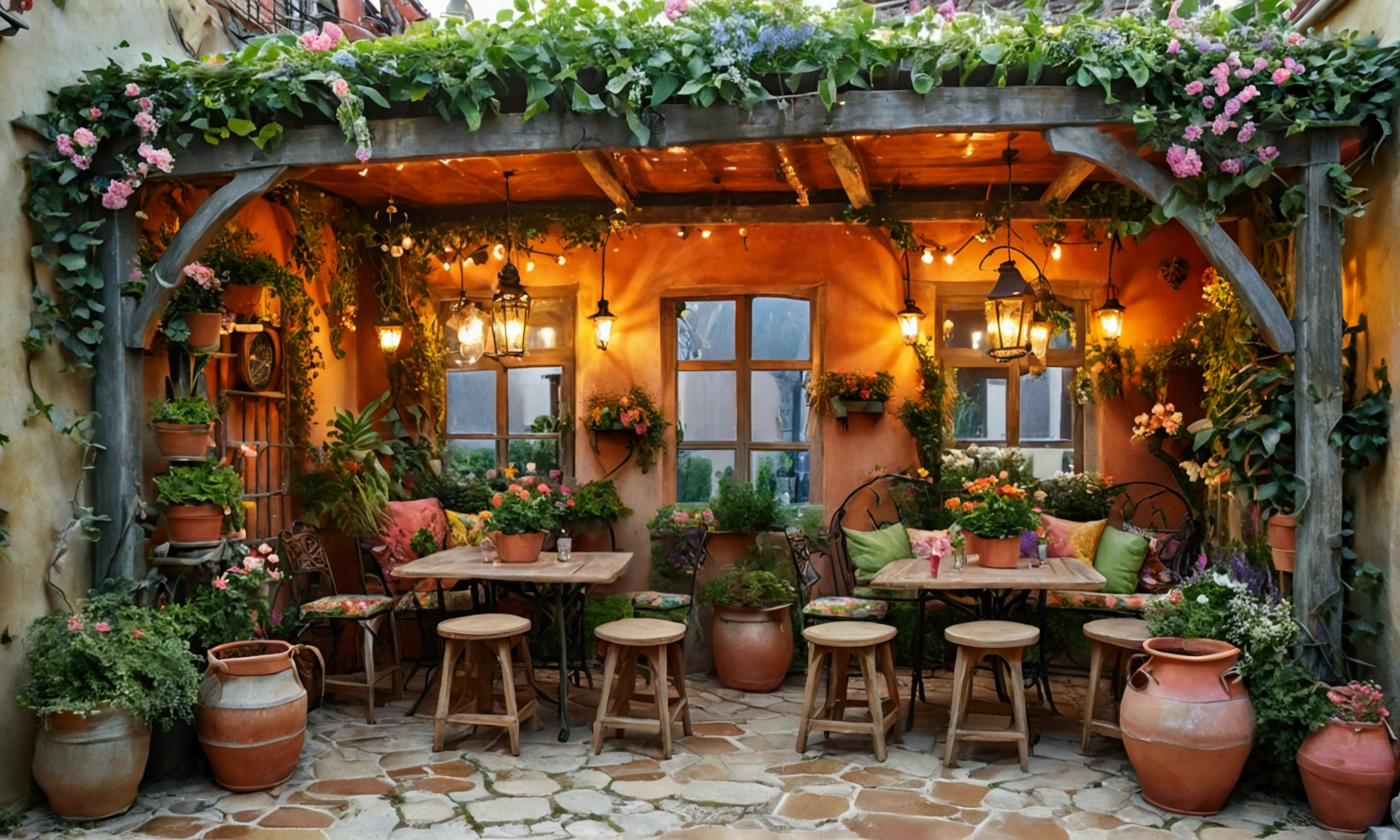 ((best quality)), ((masterpiece)), ((animated)) ,(detailed), (illustration), (colorful) ,A rustic garden café area with wrought iron tables and chairs adorned with floral cushions. A wooden pergola covered with blooming vines provides shade. The gravel floor is illuminated by hanging lanterns at dusk. Clay pots with plants and a small water fountain add natural charm. (Best quality),Warm color tones,Soft lighting