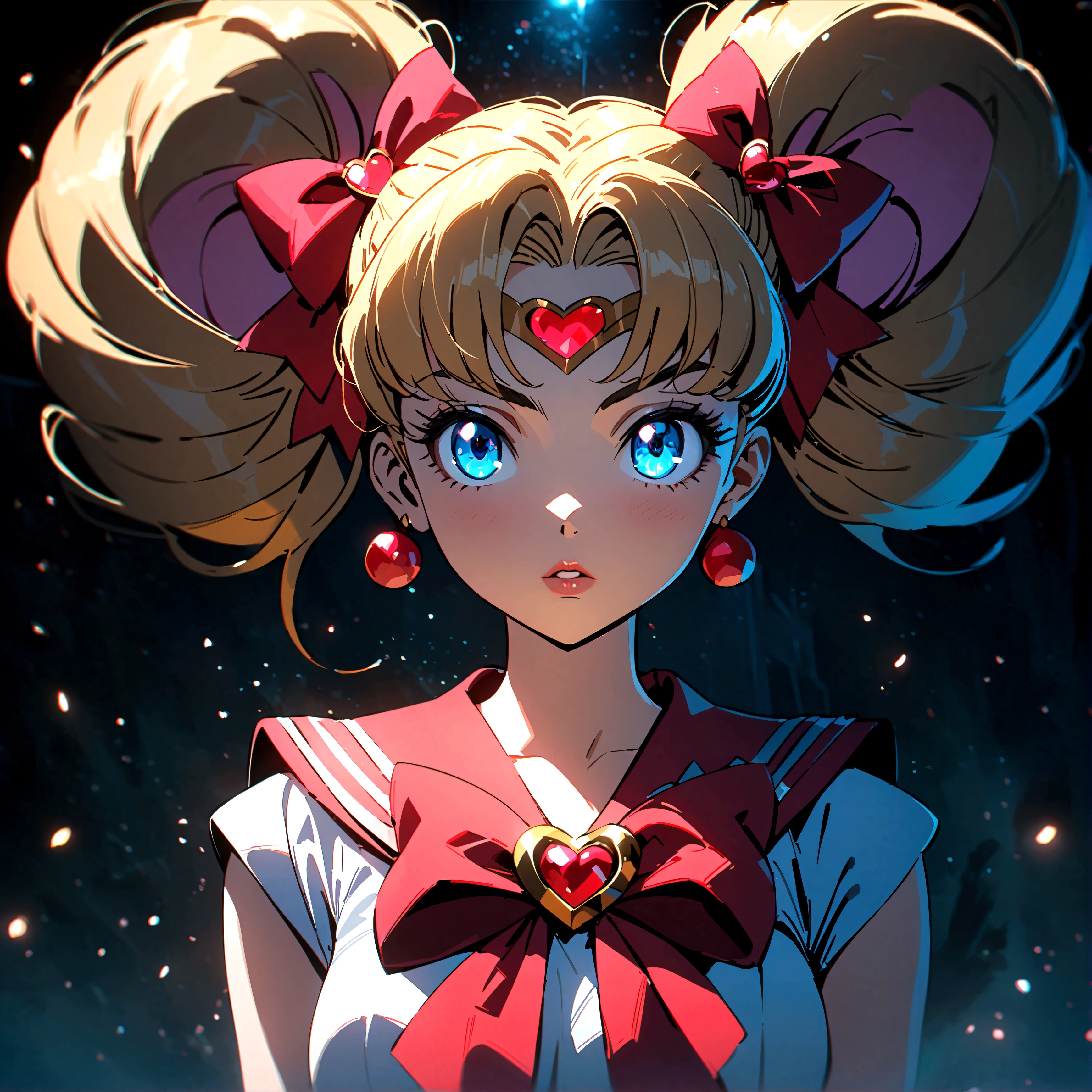 1sologirl sailor moon, bishoujo senshi sailor moon, extremely detailed face, beautiful eyes, long eyelashes, detailed lips, detailed hair, anime style, magical girl, meatball hairstyle, sailor collar, detailed bow, fluorescent lighting, vivid colors, glowing effect, fantasy, soft lighting, digital painting, cinematic (Masterpiece, best quality, 8k, highres, ultra detailed detailed)