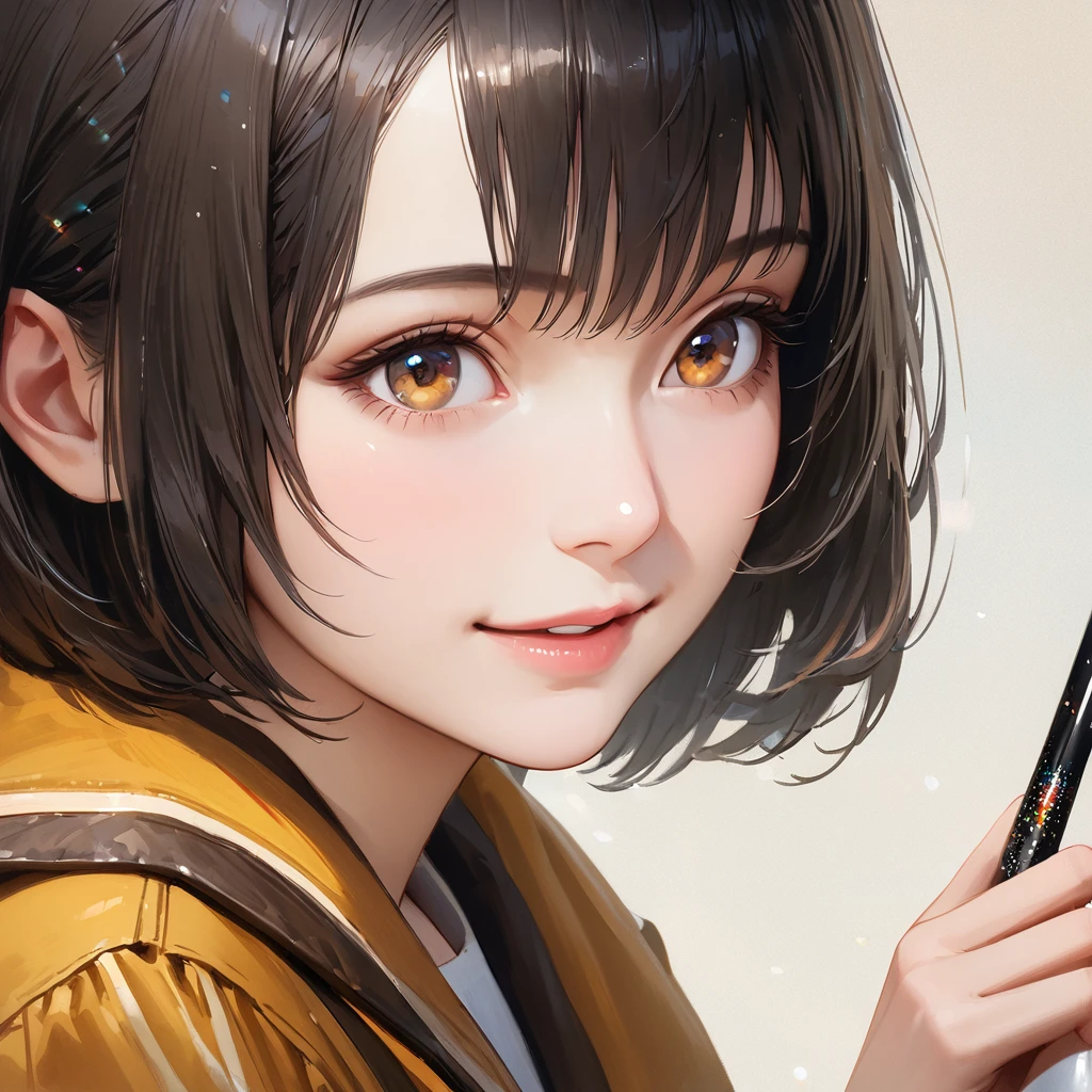 No background,Black and white depiction,high school girl,short hair,smile,Glitter effect,highest quality, 4K, 8K, High resolution, masterpiece:1.2, Very detailed, Realistic:1.37, High resolution, 超High resolution, Ultra-fine painting, Sharp focus, Physically Based Rendering, Very detailed explanation, Professional