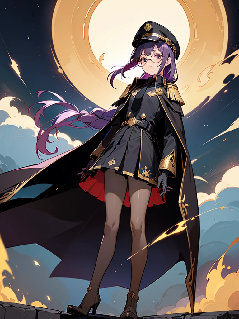 realisitic, City Deserted, Pile of rubble, Brick building, a one woman (18 years old, far away blackw hair, far away slits, Eyes red, glare eyes, 精致的面容, standing (In floor, feet shoulder-width apart), Lolita style military uniform (blackw base, Red Insert, golden decoration, volantes, wide sleeves, dainty and delicate detailing armors), blackw far away gloves (blackw, Red Insert, golden decoration, small hands, armors), blackw far away gloves, knee high boots (blackw, high-heels, red soles), ha (blackw, aba dourada, shield emblem, delicate details), arms in front, Front of belly, Holding military swords with both hands (blackw, golden decoration, delicate detail, Handle at the top, Ground-facing blade, in front of the body, far away), night sky (blackw, stele, Increased flames and smoke) Pale painting style, One Girl, super high quality, Super Detail, Super Detailed image, long hair, looking at viewer, skirt, shirt, hair ornament, violet eyes, gloves, round glasses, long sleeves, hat, closed mouth, jacket, violet hair, braid, open clothes, necktie, black gloves, black skirt, uniform, single braid, open jacket, black jacket, black headwear, 手链, peaked cap, black necktie, cropped jacket, military hat, pantyhose, Flat Chest, smile, Black Cape
