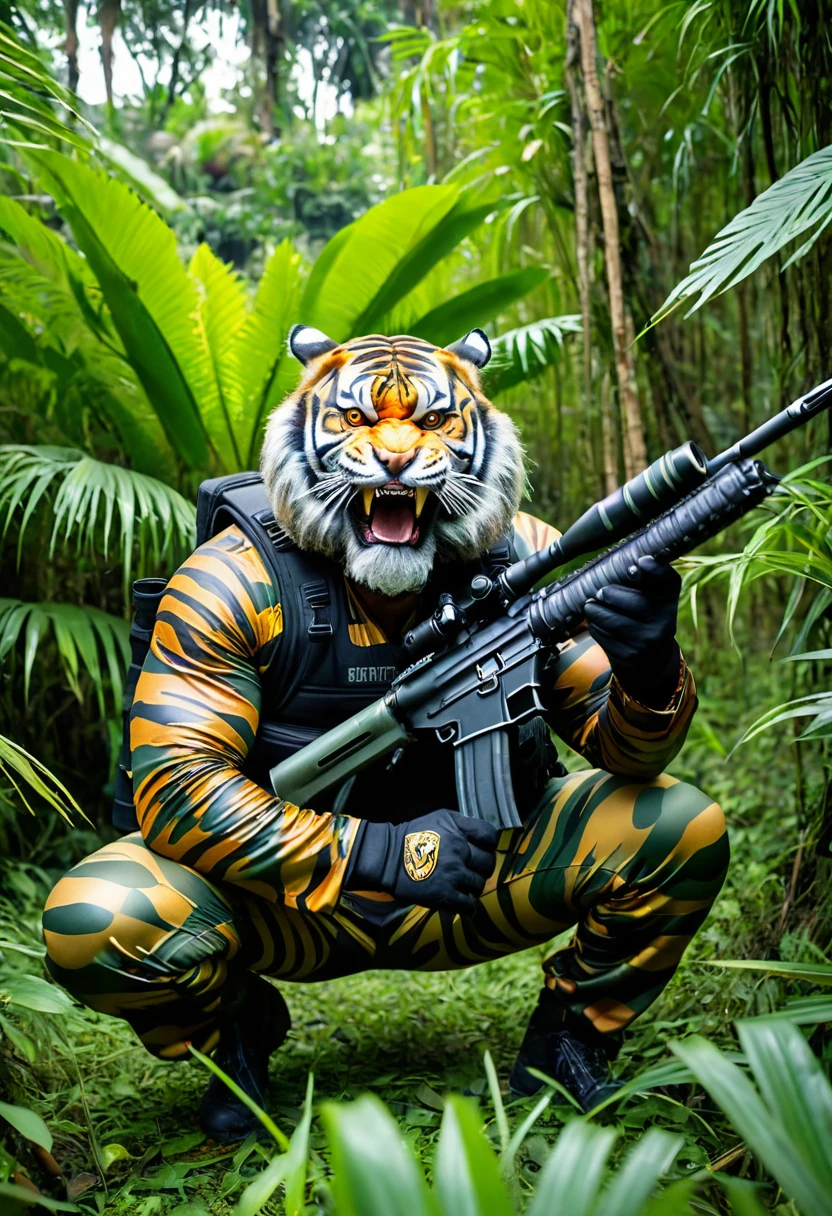 (a dark-skinned bearded fat muscular old man in a bulky army camouflage zipper diver suit), and (wearing realistic roaring siberian tiger mask), crouching in a jungle and shooting sniper rifle, muscular, Bruce Onobrakpeya, sumatraism, stanley artgermm, action, heroic, fierce, snarling
