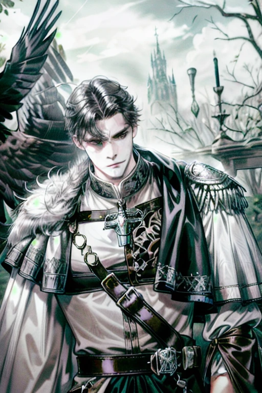 (absurdres, highres, ultra detailed), 1 male, adult, handsome, tall muscular guy, broad shoulders, finely detailed eyes, looking down, solo, upper body, detailed background, detailed face, falconer, bird resting on shoulder, eagle resting on shoulder, falconer gloves, light smile, medieval fantasy setting, high fantasy, gray leather clothes, capelet, straps, belt, serene forest, bushes, river, flowers, birds, feathers, crossbow, mist,, (dutch angle), closed mouth, upper body