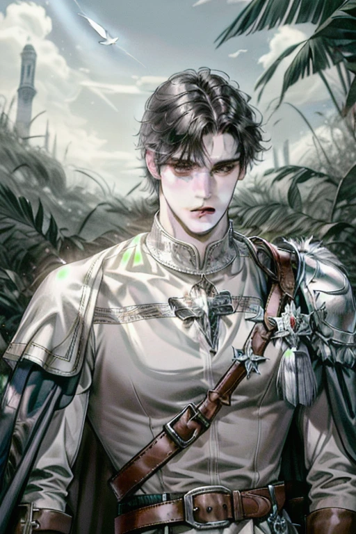 (absurdres, highres, ultra detailed), 1 male, adult, handsome, tall muscular guy, broad shoulders, finely detailed eyes, looking down, solo, upper body, detailed background, detailed face, falconer, bird resting on shoulder, eagle resting on shoulder, falconer gloves, light smile, medieval fantasy setting, high fantasy, gray leather clothes, capelet, straps, belt, serene forest, bushes, river, flowers, birds, feathers, crossbow, mist,, (dutch angle), closed mouth, upper body