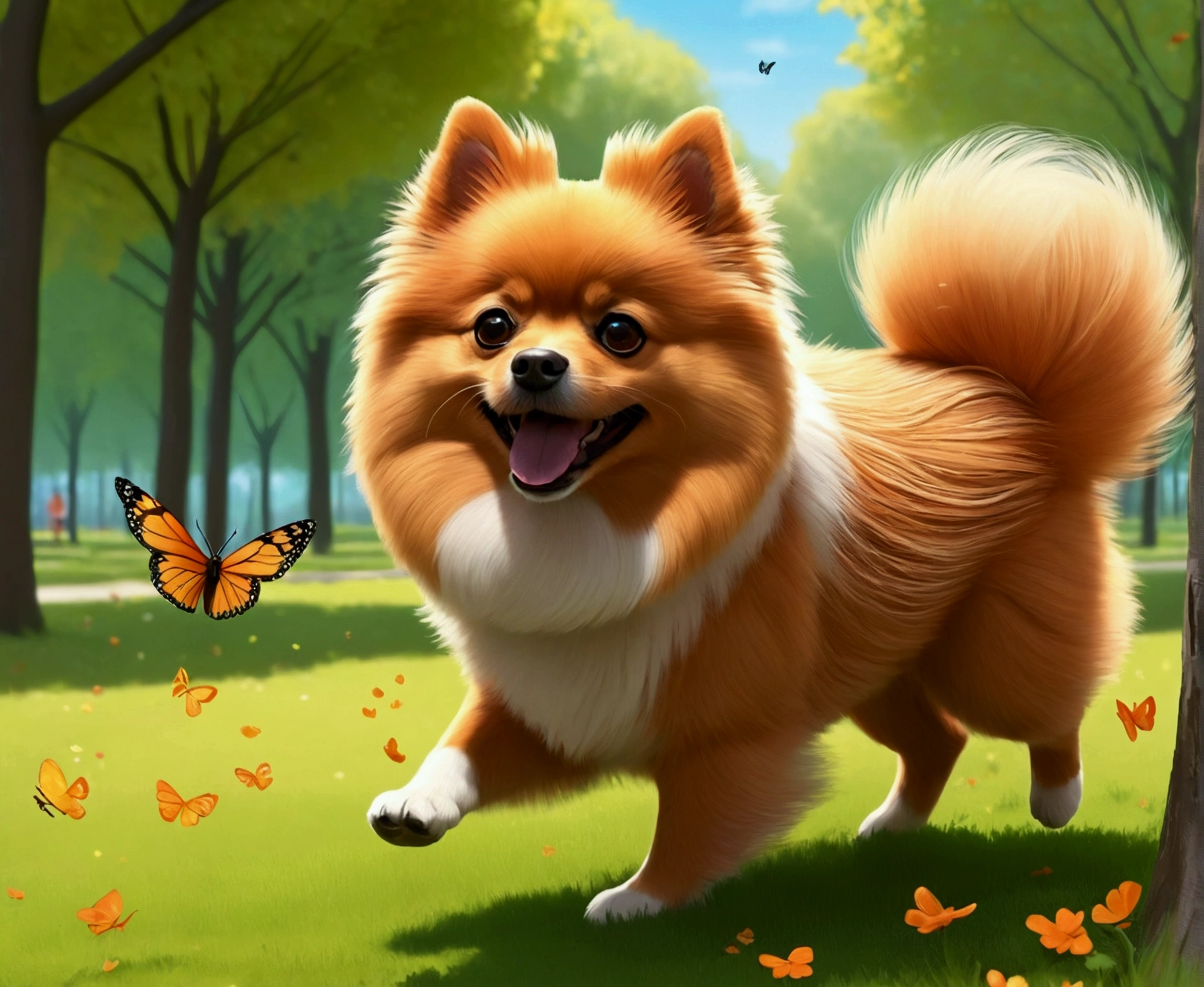 Cute German Spitz walking in the park, Cartoon style, Pixar, ..3d, The body is a bit more orange in the first drawing., Butterflies fly around him