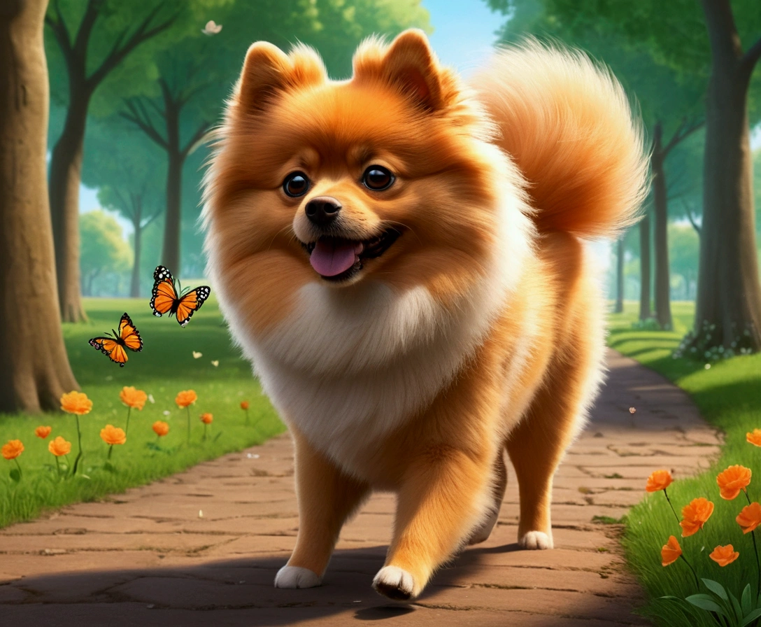 Cute German Spitz walking in the park, Cartoon style, Pixar, ..3d, The body is a bit more orange in the first drawing., Butterflies fly around him