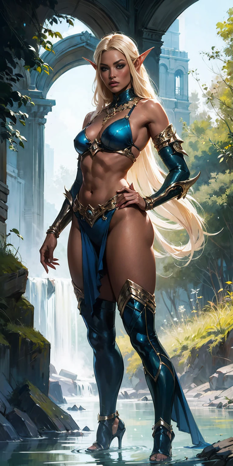Extremely detailed Artgerm style: This sets the overall artistic style with a high level of detail. Fantasy art: This specifies the genre. Goddess of the green forest: This defines the character's role and gives context to the setting. Woman with long, elf ears: This incorporates the elf features. Black skin: This specifies the character's race. Ornate bikini armor: This combines the skimpy clothing with a fantastical, protective element. Blue high heels standing straight symmetrical: This suggests the color of the bikini and potentially the water body. Long, messy blonde hair: This adds a detail that contrasts the Artgerm style, which is typically more polished for hair.
