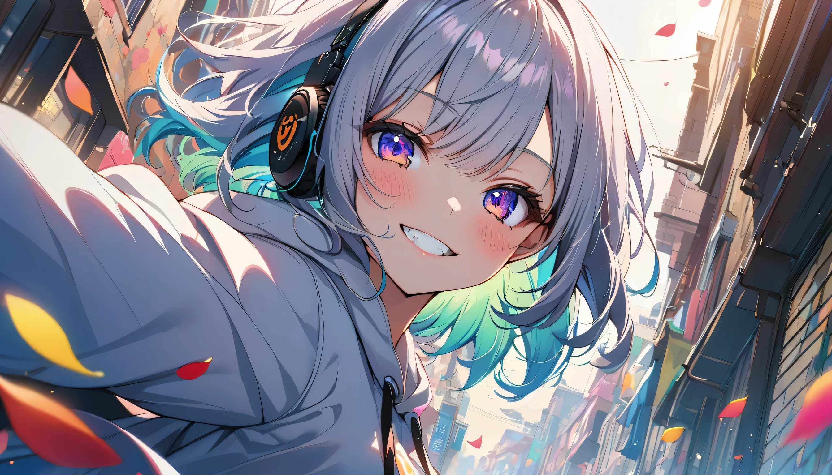 ((Masterpiece)), ((best quality)), (Anime:1.3), (super detail:1.2), (High Definition:1.3), (Professional Photography:1.3),cute young Girl, Glossy unruly hair, (loose swept bangs), (silver ash hair), medium hair, big eyes, (Eye bags:1.3), (Long eyelashes), colorful eyes, (evil smile and blush), Glossy lips, (jagged teeth), ((white hoodie with oversized)), barearms, cute, (Pocket in hands), (colorful:1.3), gothic makeup, (running around the City), colorful petals dance around her, early morning, wearing headphones, (dutch angle:1.3), (from side),