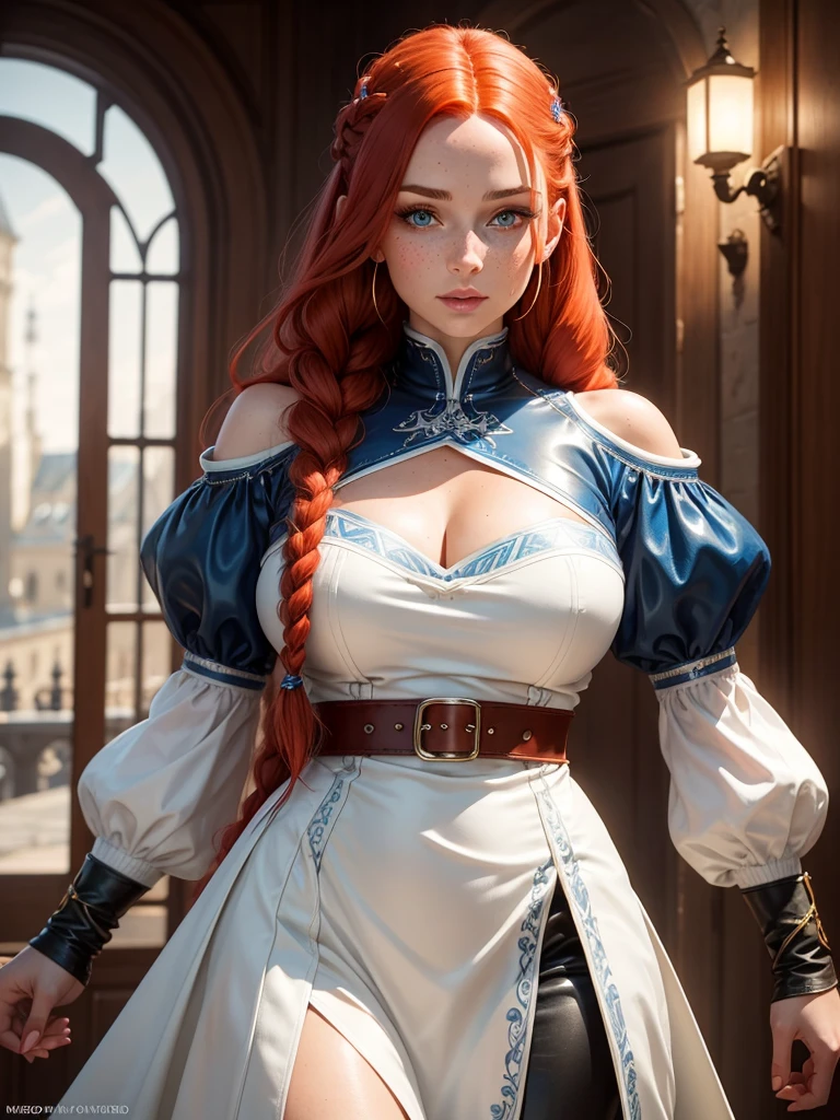 a beautiful Nordic European woman with long red hair in braids, light eyes, with freckles, blue leather bodice, extravagant neckline, white micro skirt,