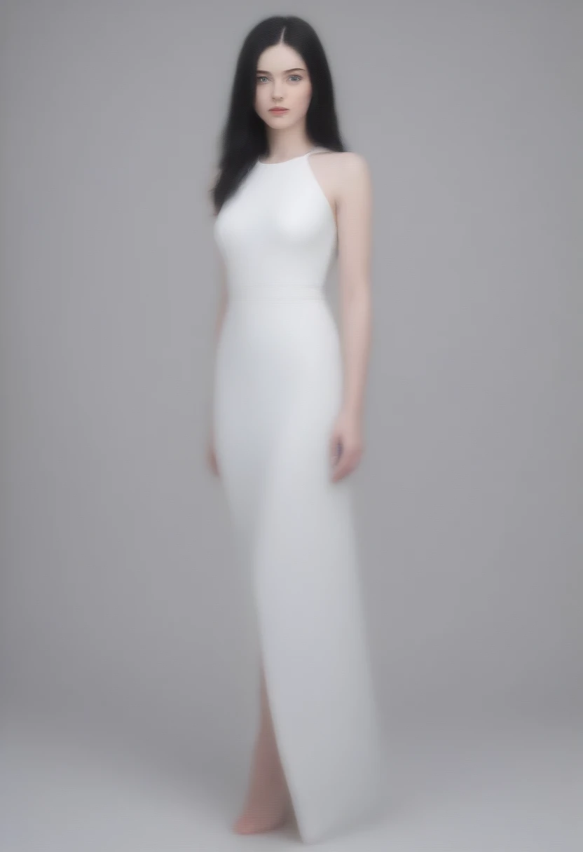 Create a model with blue eyes, black hair, White skin, full length in formal dress 