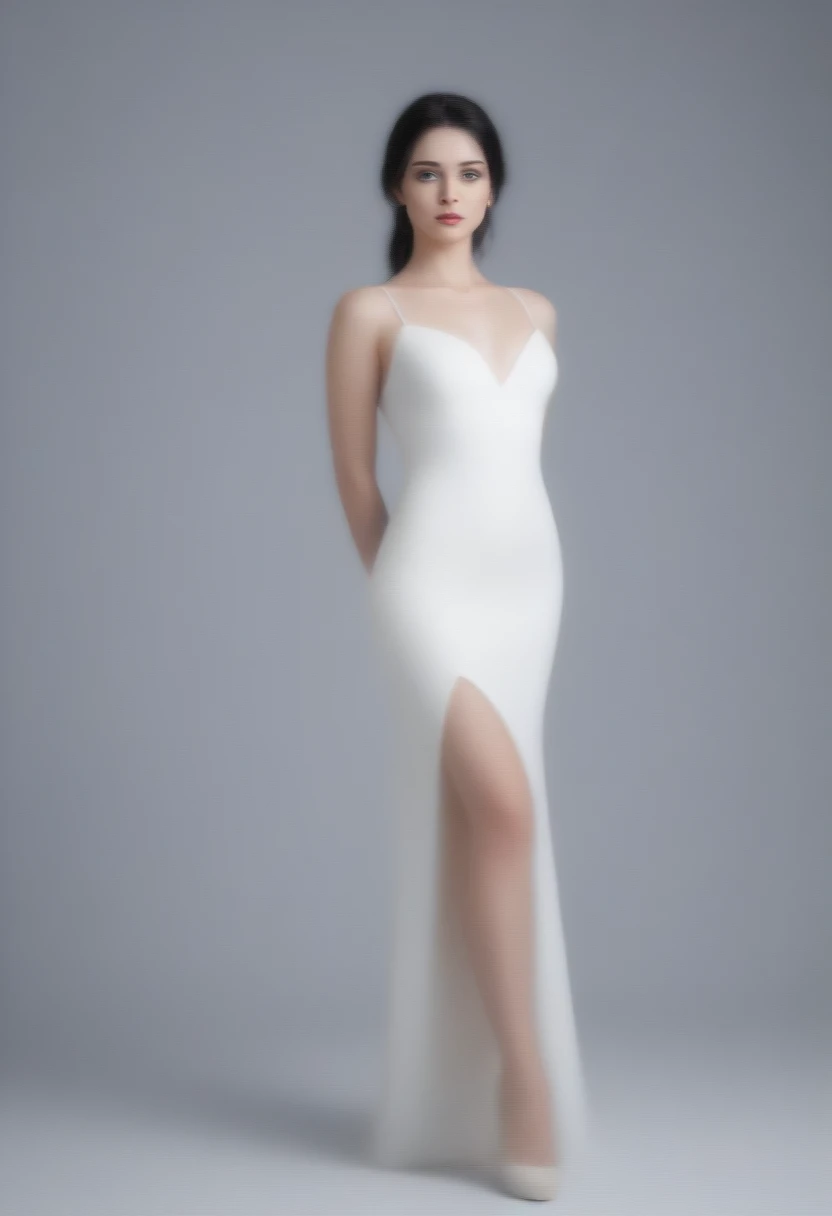 Create a model with blue eyes, black hair, White skin, full length in formal dress