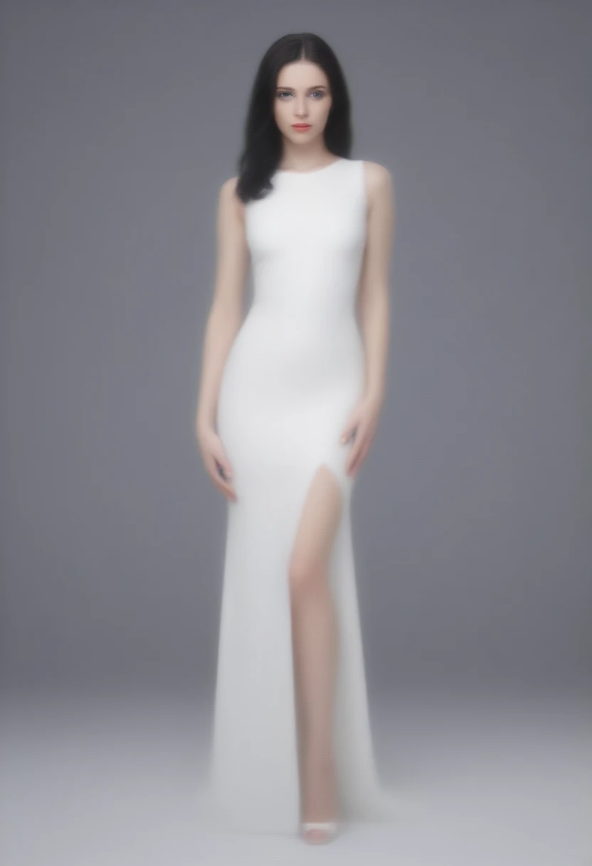 Create a model with blue eyes, black hair, White skin, full length in formal dress 