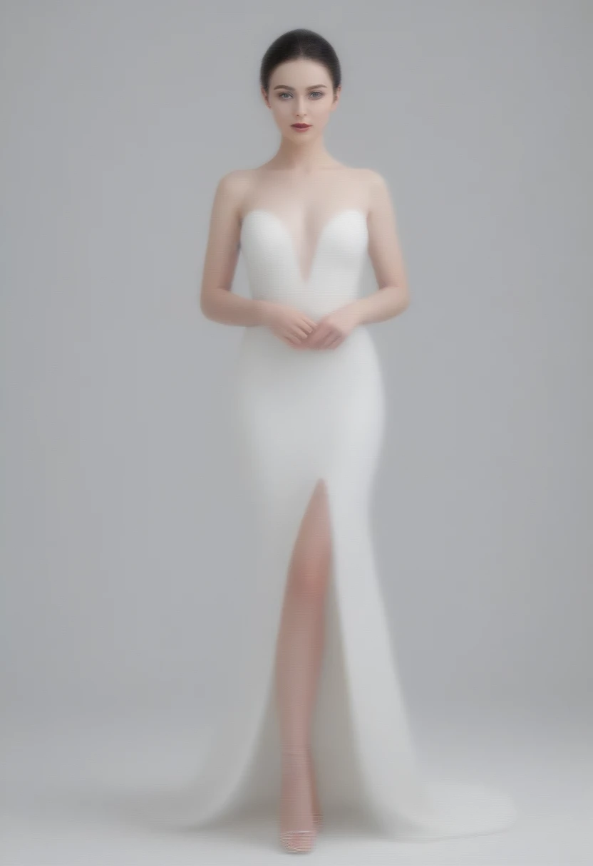 Create a model with blue eyes, black hair, White skin, full length in formal dress 