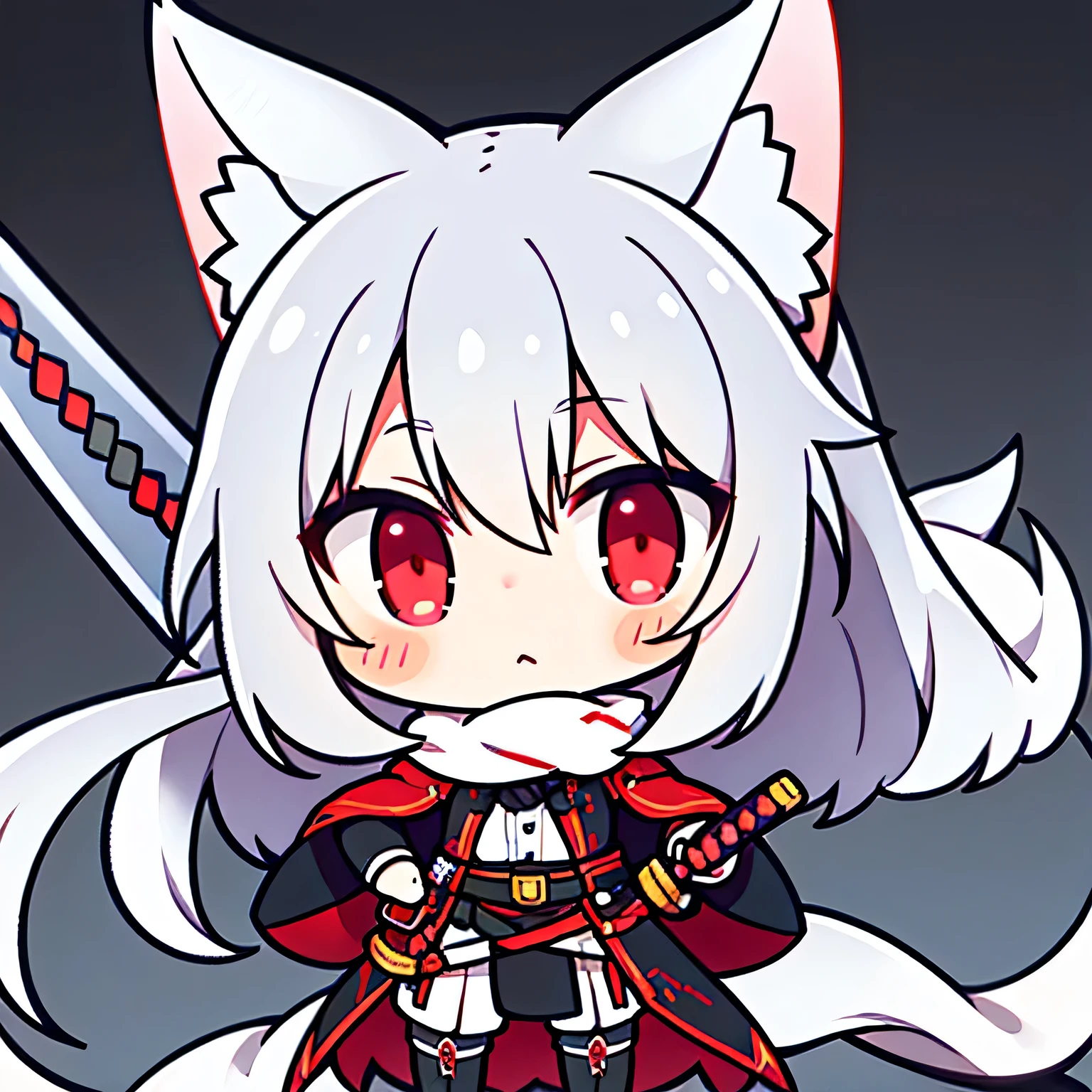 Silver-haired fox with light red pupils holding a long sword