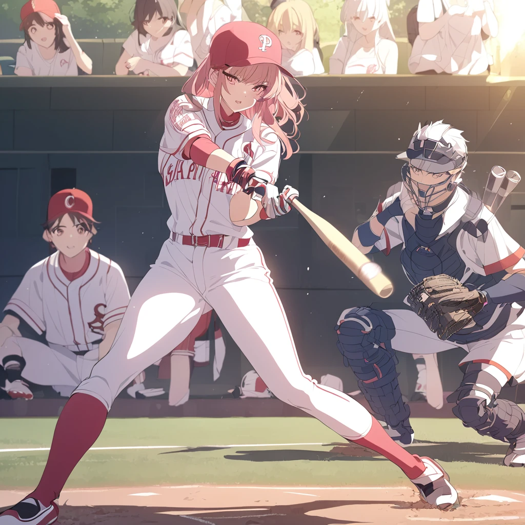 Masterpiece, ultra detailed, beautiful,Super Saturation, anime style, baseball player, baseball,baseball ground, sunlight,