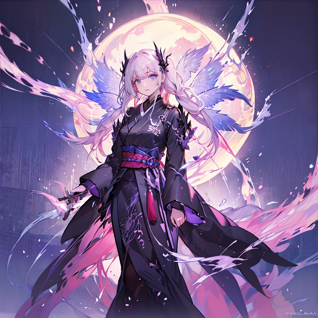 (White heir Shot heir Whole body)
((Japanese Sword))
Death Clothes Dress 
((Grim Reaper A Girl))

(Standing on a Rock)
Eyes color Neon Pink
Shiny earrings　Bathed in light  
Fire Aura  
(((Big Fullmoon )))
Catch the wind Ligh