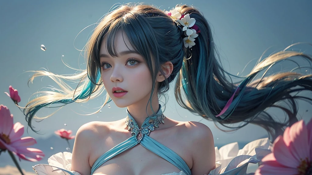 (masterpiece), (Highest quality), (Very detailed), (Disheveled Hair), (shape), (One Girl), (Fashionable clothes), Are standing, Fashion Model, Beholder, (interview), (Simple Background), Beautiful and beautiful eyes, Delicate and beautiful face, floating, (High chroma), (Colorful Splash), Colorful bubbles, (Shine), Focus on the face, ponytail, Light blue hair, bangs, Hair Ring, floating Flowers, floating Hairs, (The Shining), Best lighting, Best Shadow, Big, firm, swaying breasts