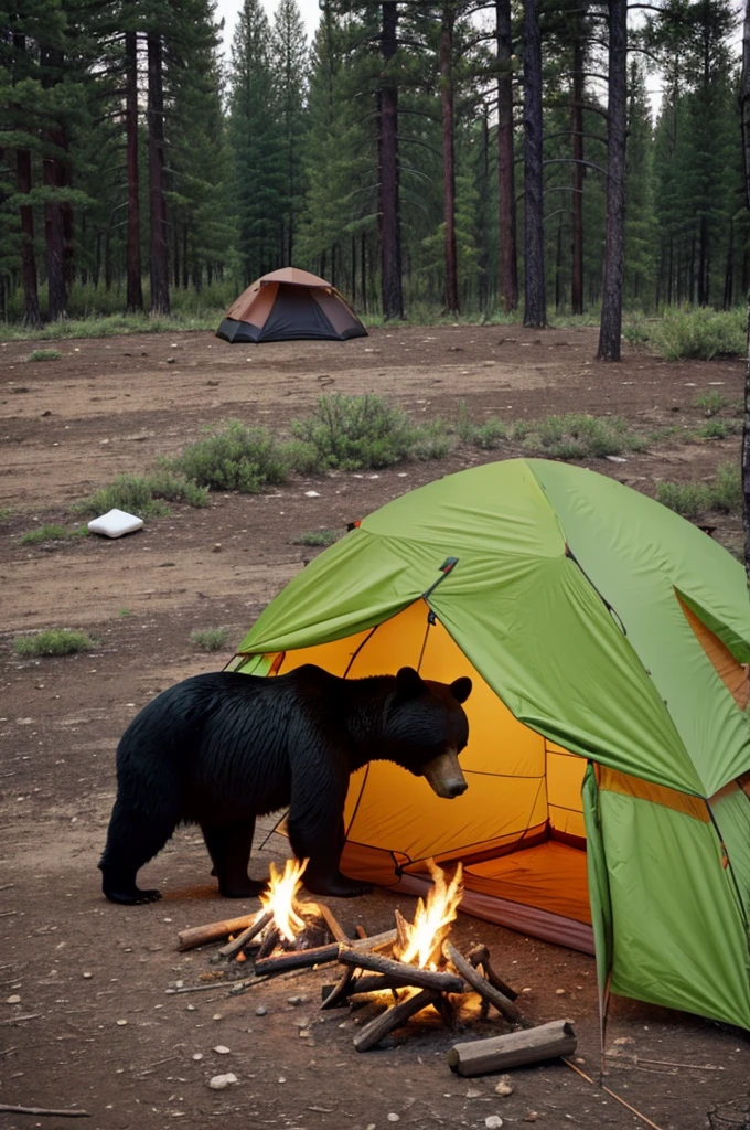 Bear sets up tent and eats marshmallows