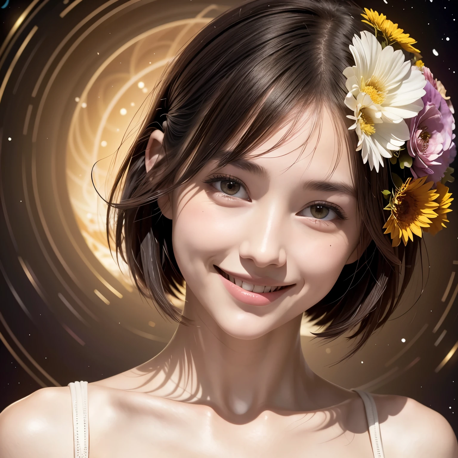 257 20-year-old female, (short hair),(Abstract background,Fractal Art), smile, flower