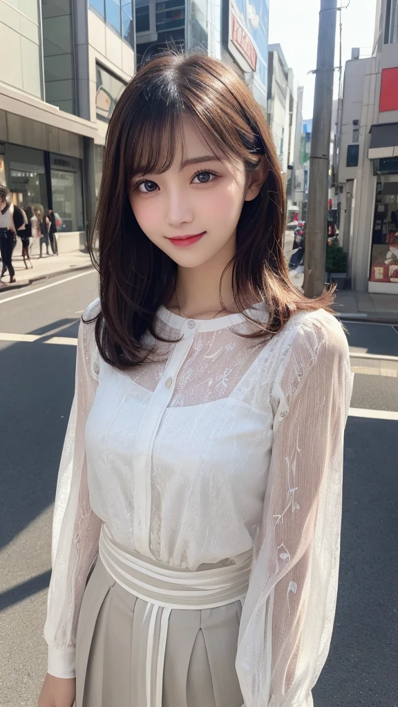 masterpiece, best quality, illustration, ultra-detailed, finely detailed, high resolution, 8K wallpaper, perfect dynamic composition, beautiful detailed eyes, summer blouse setup clothes, medium hair, small breasts, natural color lips, bold sexy poses, smile, Harajuku, 18 years old girl, cute, sexy shot, looking at camera