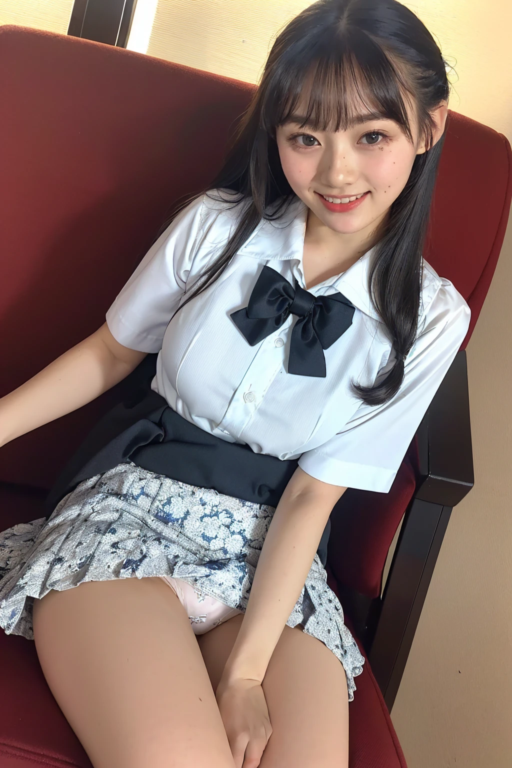 ((highest quality、8k、masterpiece:1.3)),((((cowboy shot)))),Ultra-high resolution,big eyes,Japanese,bangs,(a girl),(1 girl),((20 years old)),((facing at viewer)),(long hair),(((black school uniform))),((sitting on chair)),(((open leg))),grin,(pleated mini skirt),((white floral pattern panty)),((skirt lift))