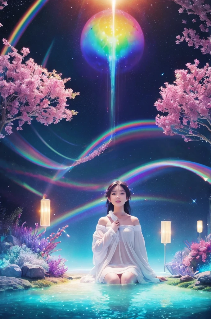 masterpiece、Highest quality、（A delicate and beautiful rainbow world trapped in a bottle）、World Masterpiece Theatre、High-resolution equirectangular projection、Highest quality、Consciousness upward、Material、canvas、Oil、realism、Realistic,wonderful景色，Utopia，An atmosphere full of dreams and hope，masterpiece．16K, Ultra-high resolution, Ultra-high resolution, to be born,wonderful ,future、Iridescent、The world 30 years from now。