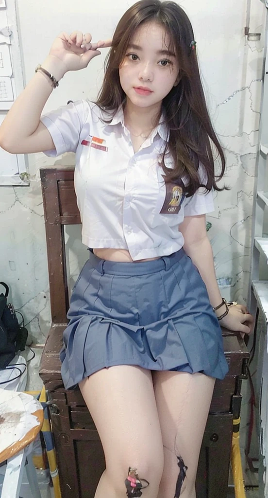 ((Best quality, Masterpiece, 8K)), Indonesian girl. Wear Indonesian high . White shirt. Black belt. Beauty, half layered hair. Big breast. Sitting on the table of classroom, flirty pose. Open legs apart. Smile. Full body. View on camera, wear white panties, visible panties.
