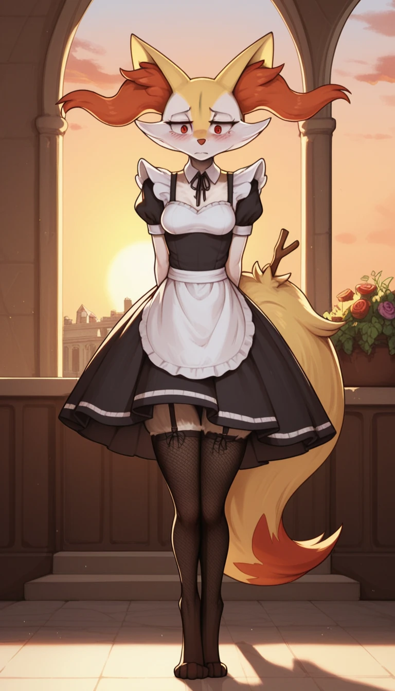 1girl, anthro, furry, fur, fluffy fur, braixen girl, Red eyes, full body, (19 years), medium breast, thicc thighs, solo, (mansion), sunset, detailed, maid outfit, fishnet stockings, shy, nervous, sunset, (sad), (depressed), (baggy eyes), standing, half-closed eyes, frontal view, score_9, score_8_up, score_7_up, score_6_up, score_5_up, score_4_up