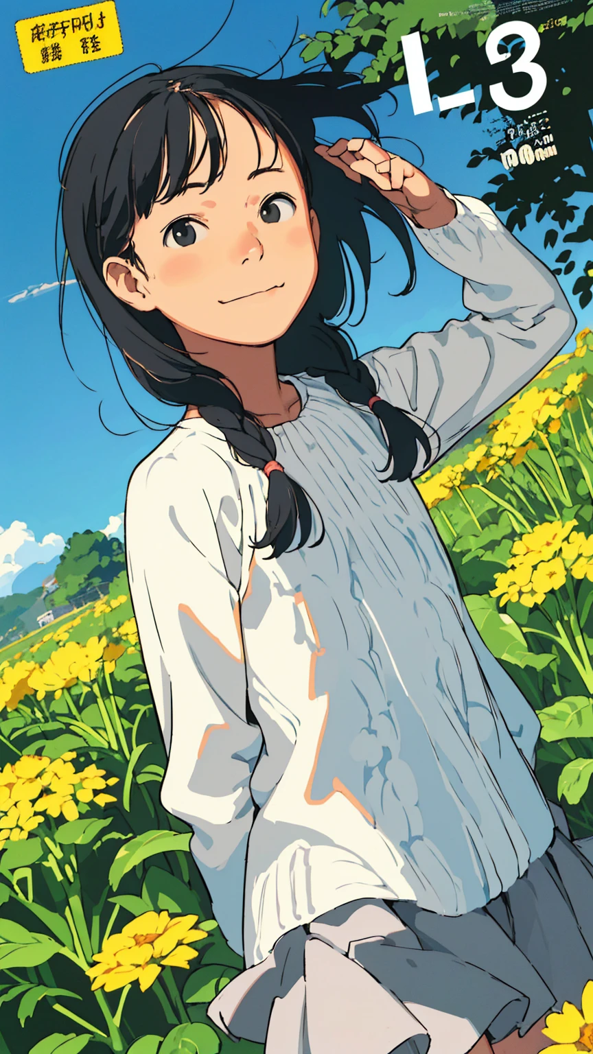 Affordable design, Clear lines, High Sharpness, (Highest quality,8K,Perfect sharpness,Ultra fine,High resolution,masterpiece:1.2), Perfect Anatomy:1.5, Official Art, Illustrations that tell a story, (Whitish background:0. 9)、Body Positivity、多Mr.な身体表現、(Random and energetic poses)、Perfect beauty、Perfect beautiful face、Strong winds、A rich expression、Dynamic composition、smile、Golden ratio composition、colorful、((Mr.々Different angles and perspectives))、Anime Art、(Mini dress)、(Overcoming stereotypes)、 Glowing Skin、(Natural beauty)、smile、Bangs、(Soft and flowing hair)、(countryside)、(Nostalgic atmosphere)、Put it up to your thighs、(Playful and carefree)、(多Mr.な民族のキャラクター)、(innocent attitude)、(Sunny atmosphere)、(The skirt flutters wildly in the wind)、(Bright colors)、Beautiful Eyes、(Embarrassing)、Braided Hair、Summer Scene、Smiling among flowers、Fashion magazine cover、Angle from above、