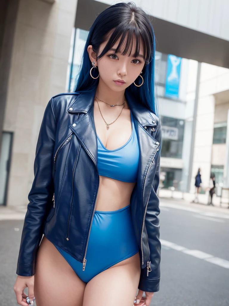 female focus, 1girl, solo, long hair, blue hair, earrings, jewelry, mall background, extremely beautiful female, wearing blue japanese school swimsuit and leather jacket, single earring,hime cut, liquid hair, sky print,