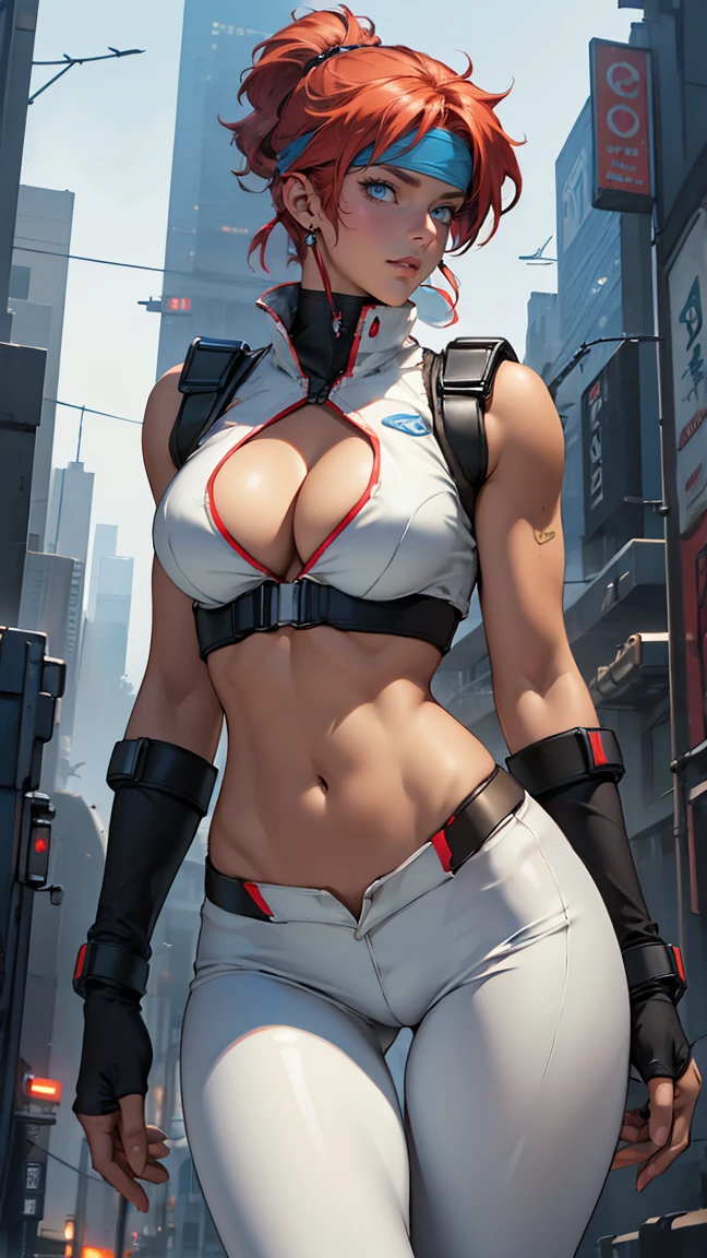 ((Masterpiece, highest quality; 1.3)), super quality, beautiful detail, super detailed, extra fine, 16K, exquisite, absurd, high resolution, beautiful background, detailed background, beautiful eyes, beautiful skin, anime style, Kay from Dirty Pair in a white outfit, tight outfit, cleavage, bushy redhead beauty, very light blue uniform, wearing tight clothes, skimpy, (mid chest: 1.2), cleavage, cleavage, slim waist , thin waist, slim thighs, thin legs, slim legs. thigh gap, showing stomach, skinny, thin hips, cyberpunk city background, holding retro space gun , headband,