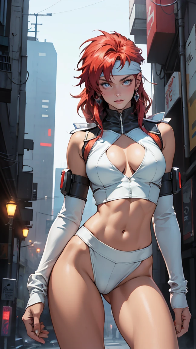 ((Masterpiece, highest quality; 1.3)), super quality, beautiful detail, super detailed, extra fine, 16K, exquisite, absurd, high resolution, beautiful background, detailed background, beautiful eyes, beautiful skin, anime style, Kay from Dirty Pair in a white outfit, tight outfit, cleavage, bushy redhead beauty, very light blue uniform, wearing tight clothes, skimpy, (mid chest: 1.2), cleavage, cleavage, slim waist , thin waist, slim thighs, thin legs, slim legs. thigh gap, showing stomach, skinny, thin hips, cyberpunk city background, holding retro space gun , headband,