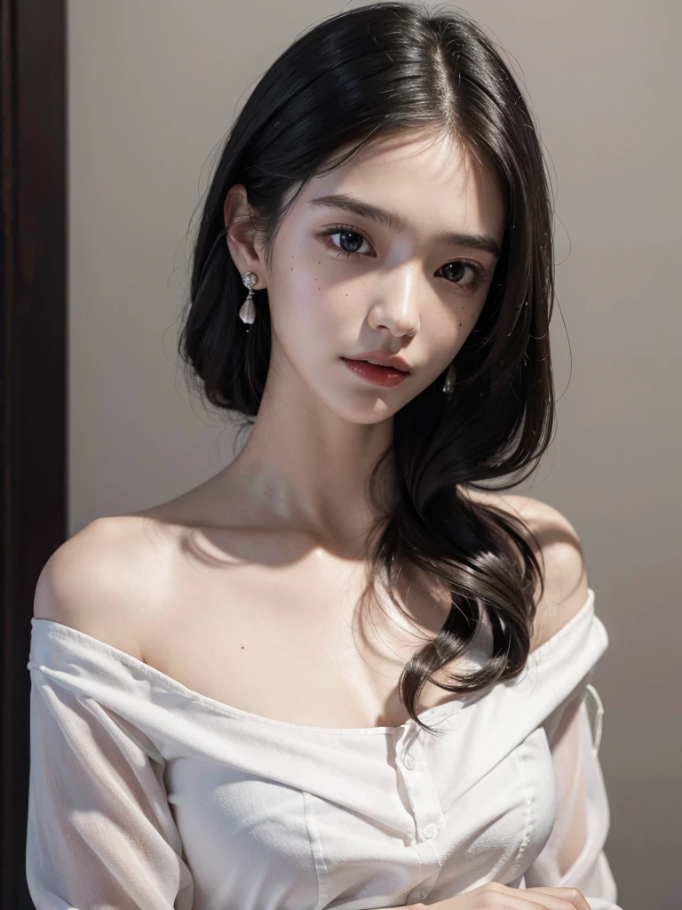 absurdres, RAW photo, extremely delicate and beautiful, masterpiece, Best Quality, ultra high resolution, 32k, hyperrealistic, ultra-detailed, perfect figure, Perfect Style, Perfect balance, in her 20s, very small head, very small face, delicate facial features, tearful mole, earring, very huge breasts, full body shot, medium hair, black hair, (business dress),