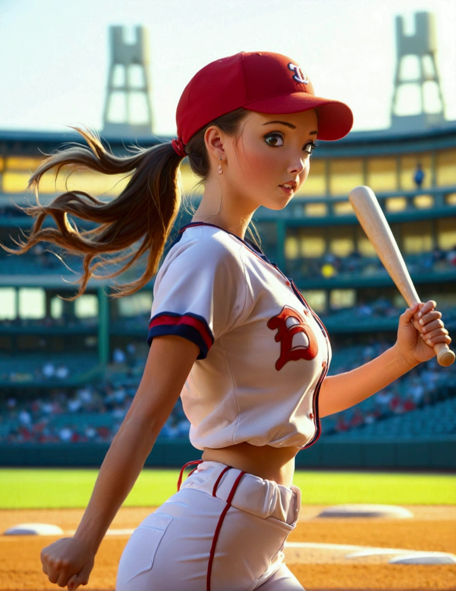 A cute woman (sexy baseball uniform, hair in ponytail), running to 3rd base, show her entire body, camera low to ground