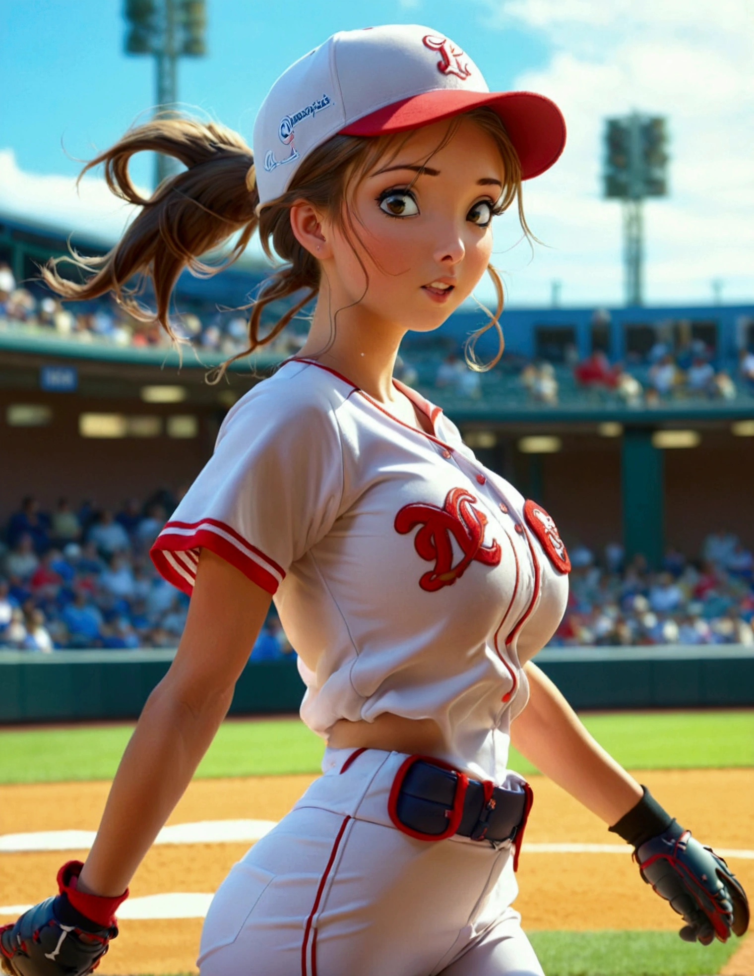 A cute woman (sexy baseball uniform, hair in ponytail), running to 3rd base, show her entire body, camera low to ground