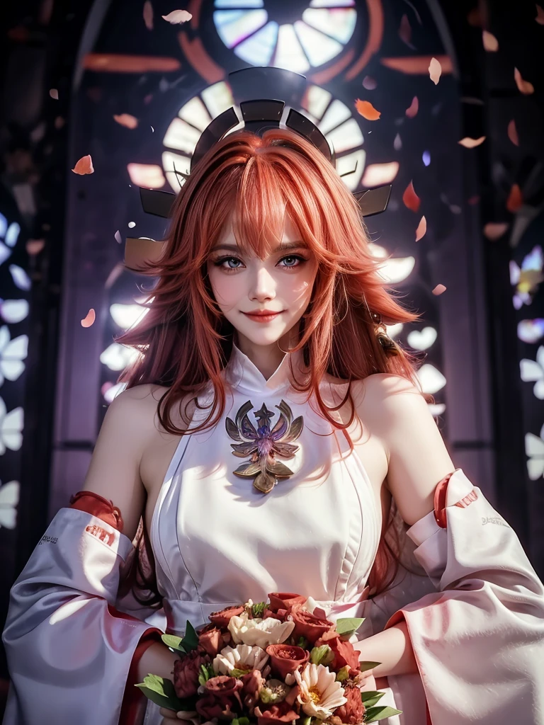 Big hair but with bangs that cover the forehead, white, with red wedding dress and a bouquet, beautiful makeup, and with some butterfly tattoos on his body Unique place in the church with a , a little stronger, not with muscle but full with a naughty smile with red eyes