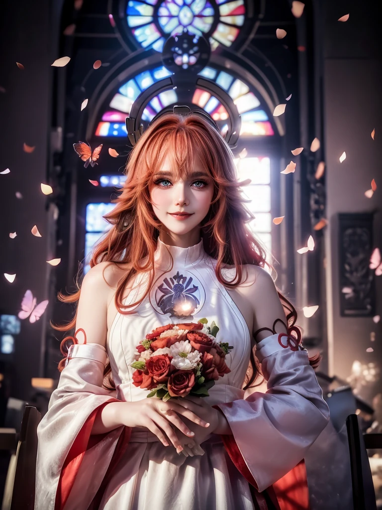 Big hair but with bangs that cover the forehead, white, with red wedding dress and a bouquet, beautiful makeup, and with some butterfly tattoos on his body Unique place in the church with a , a little stronger, not with muscle but full with a naughty smile with red eyes