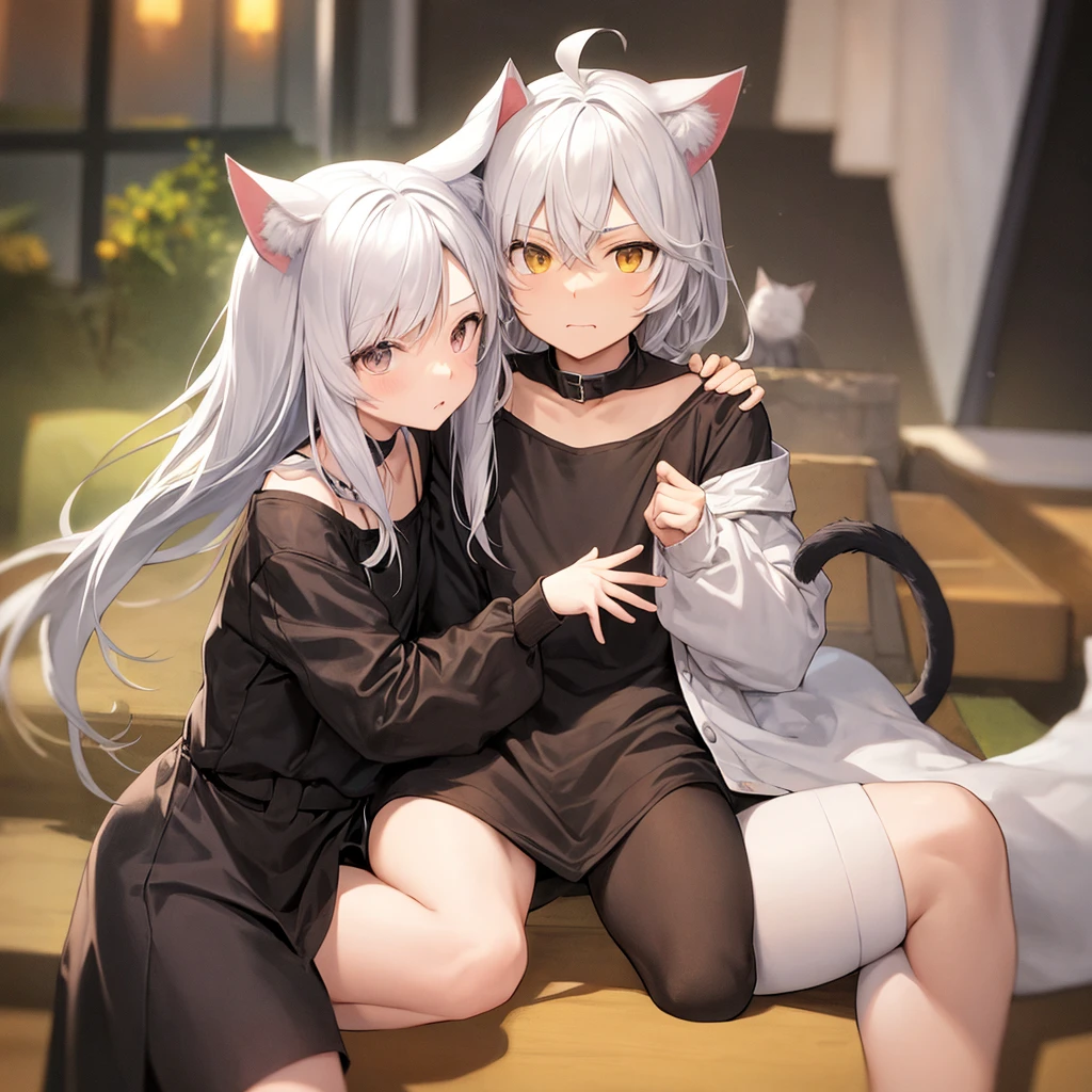 A man with cat ears, white hair, no tail, small cat ears, chibi character.