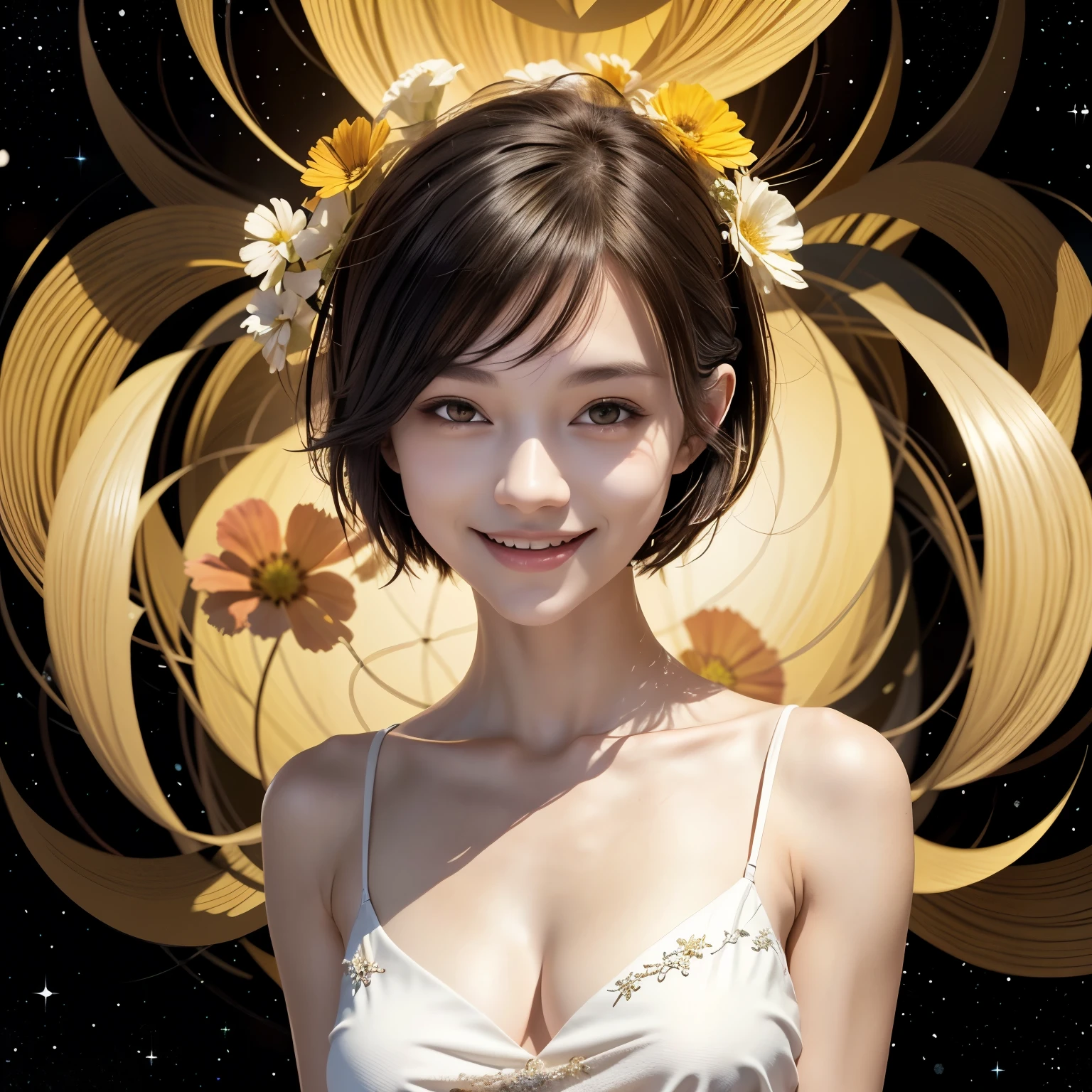 257 20-year-old female, (short hair),(Abstract background,Fractal Art), smile, flower
