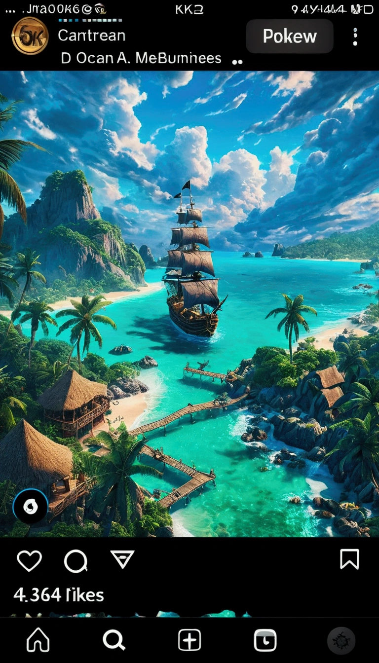 pirate ship in the ocean with a beach and palm trees, highly detailed digital artwork, amazing wallpaper, 8k high quality detailed art, 4k highly detailed digital art, highly detailed background, very high detailed, highly detailed 4 k art, 8k stunning artwork, amazing background, 8 k highly detailed art, highly detailed digital art, 4 k highly detailed art, official artwork