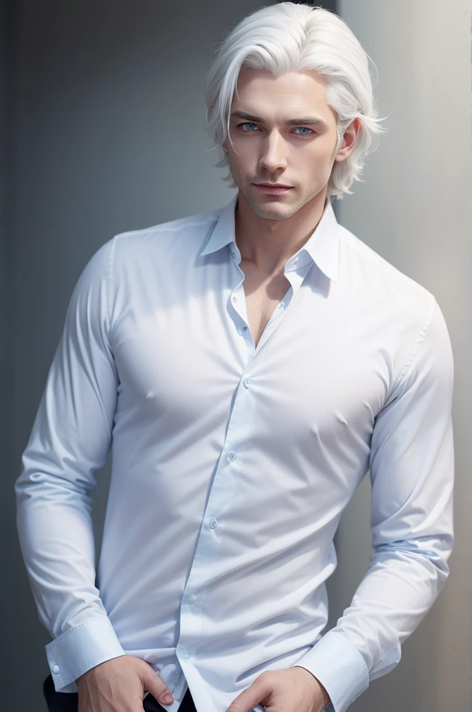 a man with white hair and blue eyes, he is very beautiful. Wearing a white dress shirt 
