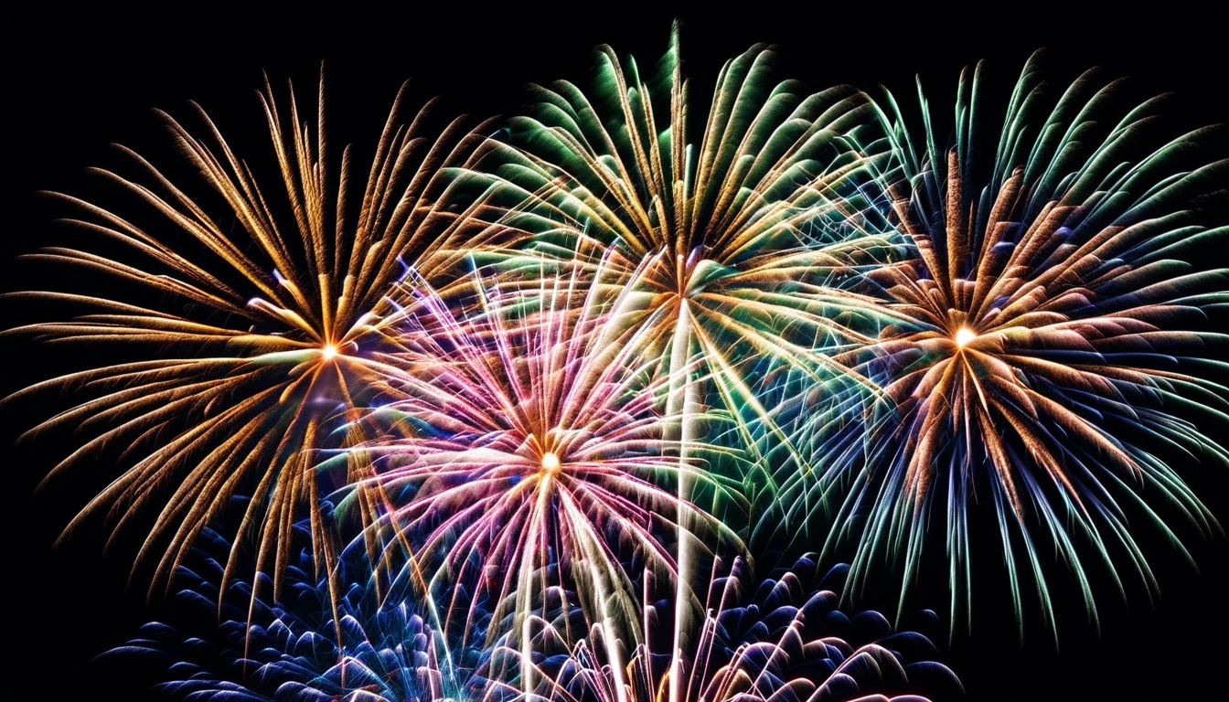 Beautiful and colorful fireworks exploding, with a black background, image in the middle