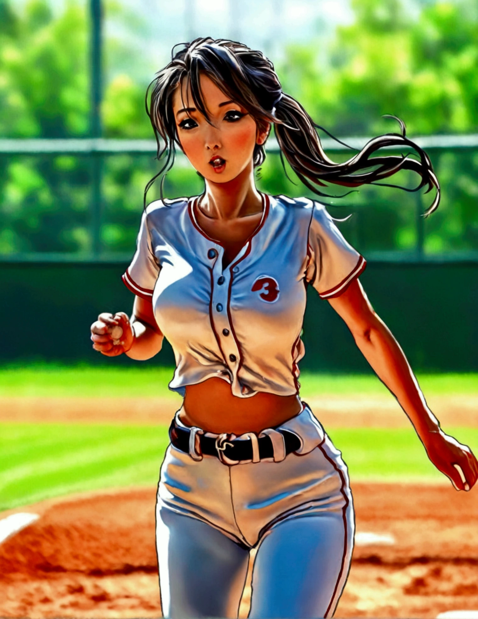 A cute woman (sexy baseball uniform, hair in ponytail), running to 3rd base, show her entire body, camera low to ground
