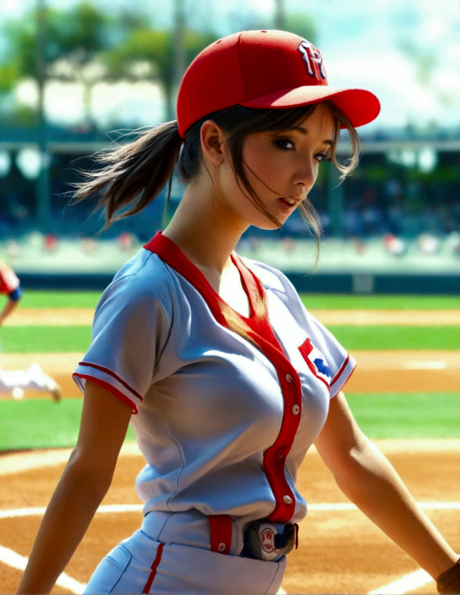 A cute woman (sexy baseball uniform, hair in ponytail), running to 3rd base, show her entire body, camera low to ground