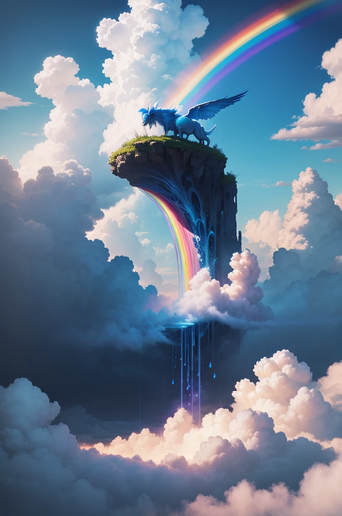 (Need)), ((tmasterpiece)), (A detailed),rainbowing,Blue sky and white cloud background,Detail rainbow,Blue sky rainbow,ethereal rainbows,Simple composition,anatomy correct,Surreal dreams,Surrealist art fantasy style,Epic digital fantasy art style