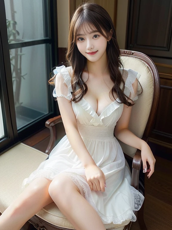 NSFW1 Girl, Ultra-fine rounded face、super-detaild skin、big eye、Moist eyes、Shoulder-length hairstyle with visible forehead、middlebreasts、A slender、maid clothes | (Black:1.2、With collar、 (A round hole opens in the chest、You can see cleavage)、a miniskirt)、high-heels、Cute Nails、Alcohol lover、21years old、Happy smile