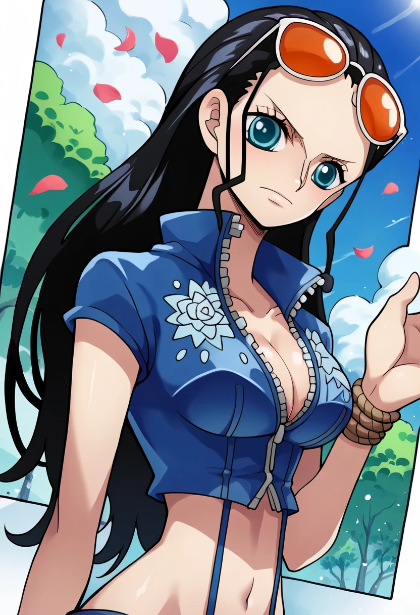 score_9, score_8_superior, score_7_superior, score_9, sauce_anime, Break Nico Robin SDXL, One girl, alone, Long Hair, chest, View your viewers,Closed eyes, blue eyes, large chest, Black Hair, belly button, chestの谷間, Mouth closed, The body is bound with rope,clavicle, Blue jacket, Short sleeve, abdomen, Shiny, sign, Stomach, Crop top, petal, Wear glasses on your head, zipper, Cropped jacket,  salon, zipper pull tab, Colored glasses, I slicked my hair back., Collared jacket, Partially defrosted, Nico Robin, superiorから,