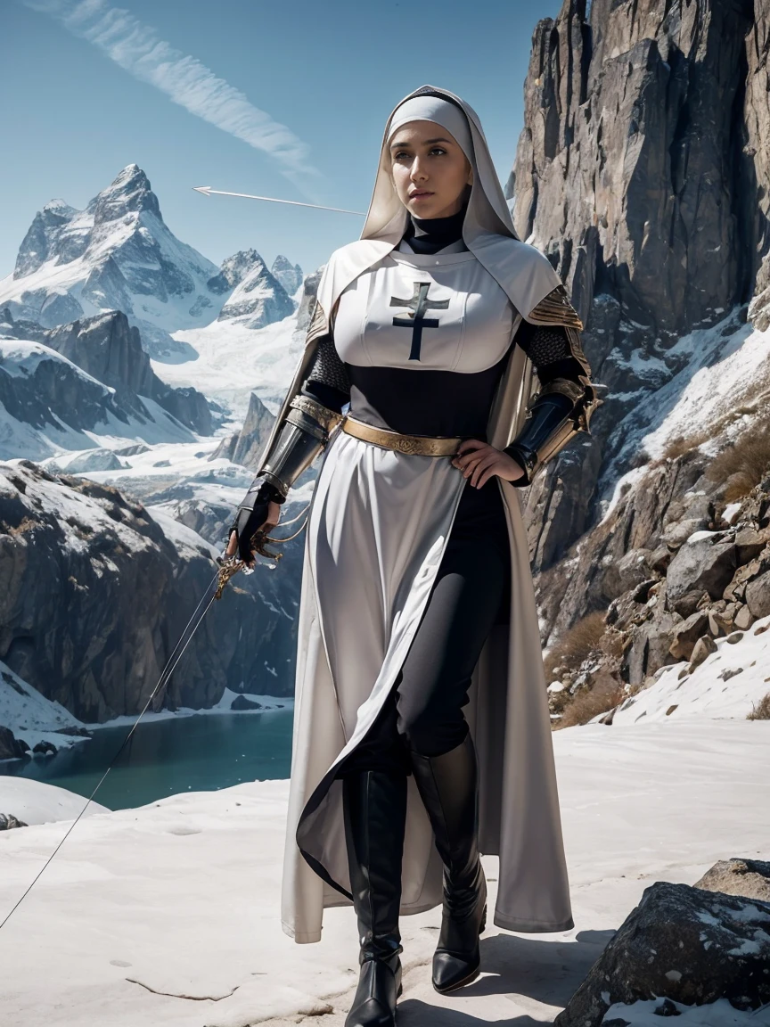 (masterpiece, top quality, best quality, official art, beautiful and aesthetic:1.2), (1girl:1.3), ((Sharp facial features, sharp features, hawkish features)), ((grey eyes)), busty paladin knight girl, extremely detailed, portrait, looking at viewer, solo, (full body:0.6), detailed background, full-body shot, (cold mountain nighttime glacier theme:1.1), holy knight, (nun), charlatan, smirk, mysterious, swaying in mountains, armor, polished metal, gold trim, long boots, white fabric, pelvic curtain, robe, pale leather, ((((nun, crossbow, heavy armor, armored, long legs, robes, prayer scrolls, toned, muscular)))), slim waist, slim hips, long legs, medieval (mountain exterior:1.1) background, dark mysterious lighting, shadows, magical atmosphere, dutch angle