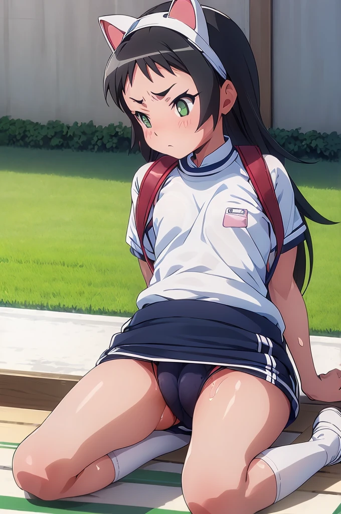 masterpiece, ultra quality, ultra sharp, ultra detailed, 1girl, solo, (((good anatomy))), haduki kurumi, (shiny skin), (tattered torn dripping wet white gym shirt), navy gym pants, animal ears, randoseru, name tag, Japanese anime pose, laugh, BurumaShorts, Buruma, Gym Uniform, (((sitting, squatting, spread_legs, legspread, split_legs, spreading legs)), (randoseru backpack:1.4), (embarrassed, jitome:1.4), buruma, blue buruma, black buruma, (cameltoe), (tattered torn short sleeve white gym uniform with colored hem), (tiny nipples), (white long loose socks), strong lighting, legspread, bukkake, cum on clothes, cum on legs, cum on buruma, cum on bloomers, (spreading pussy by hands)