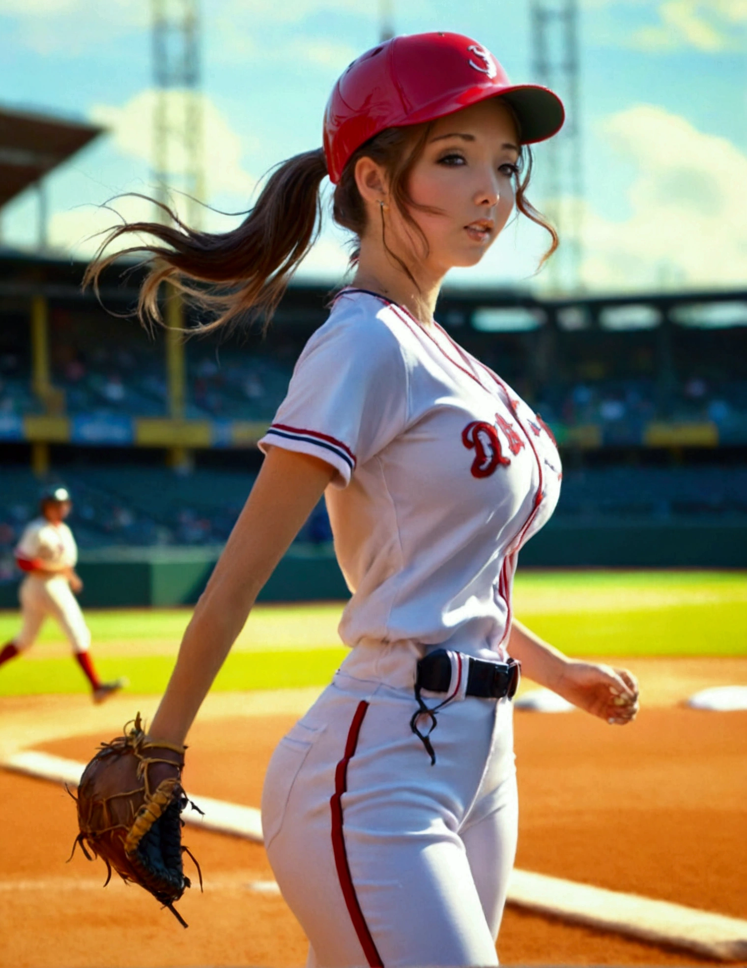 A cute woman (sexy baseball uniform, hair in ponytail), running to 3rd base, show her entire body, camera low to ground